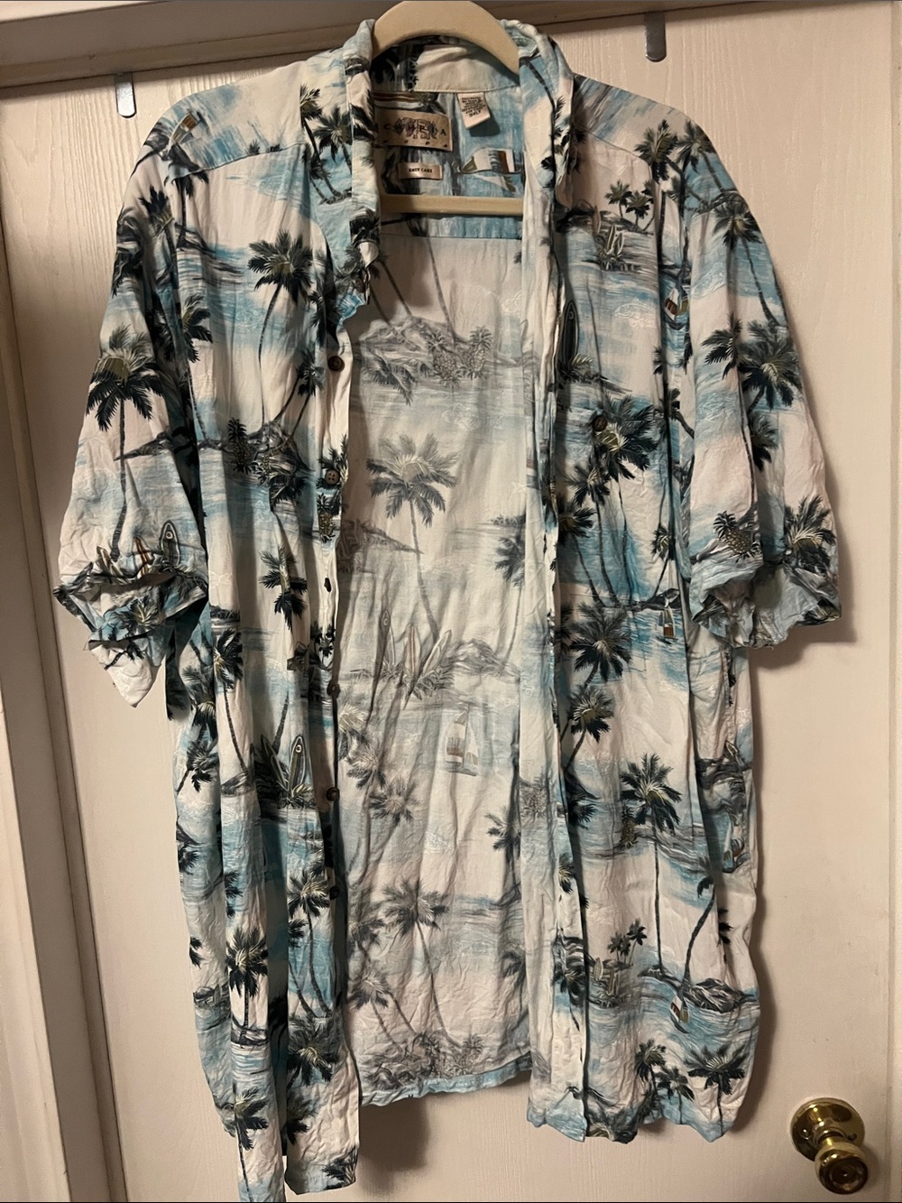 Tropical Palm-Print Button Down Shirt - Light Blue/White
